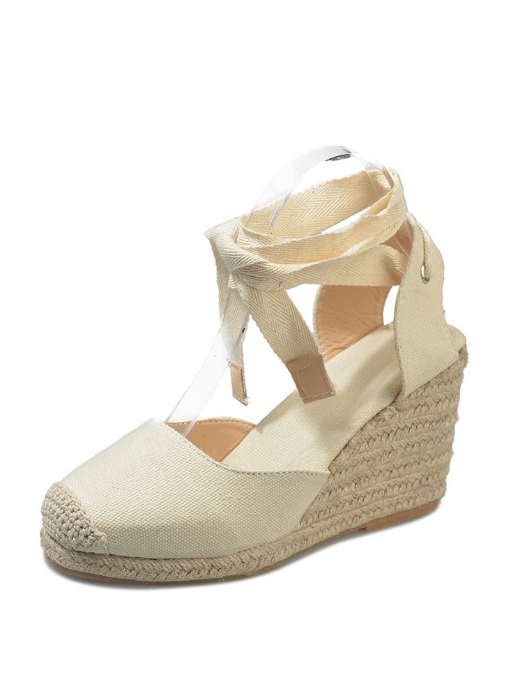 Straw Plus-size Sandals for Women Rope Closed Toe Espadrille Wedge Strap Sandals