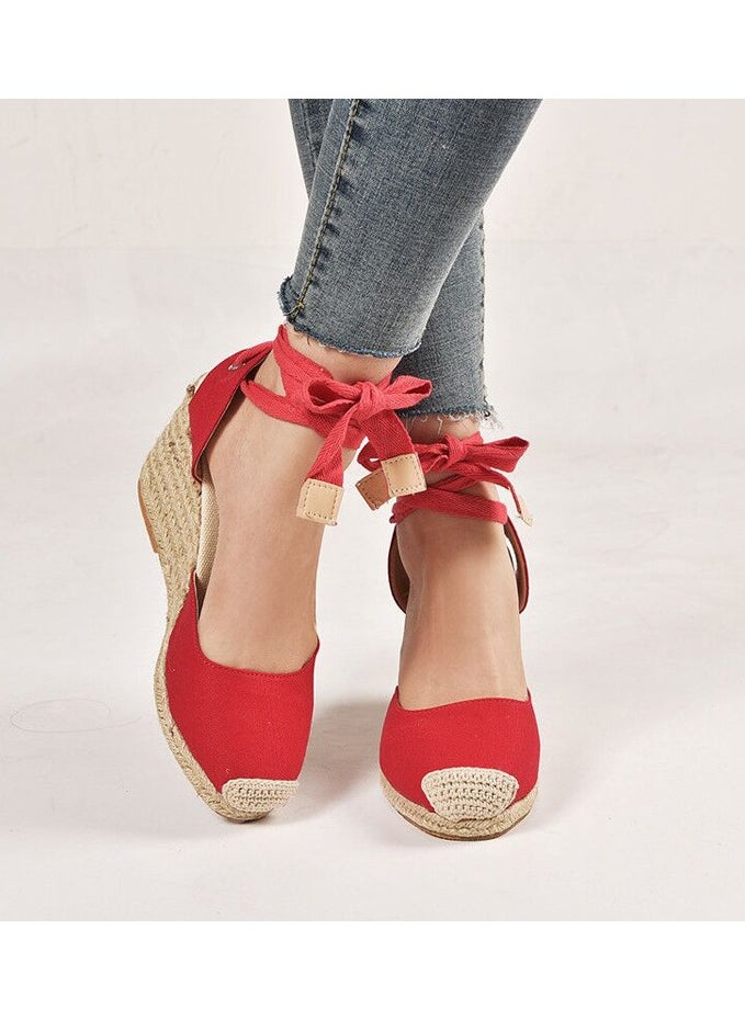 Straw Plus-size Sandals for Women Rope Closed Toe Espadrille Wedge Strap Sandals