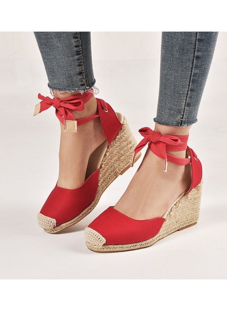 Straw Plus-size Sandals for Women Rope Closed Toe Espadrille Wedge Strap Sandals