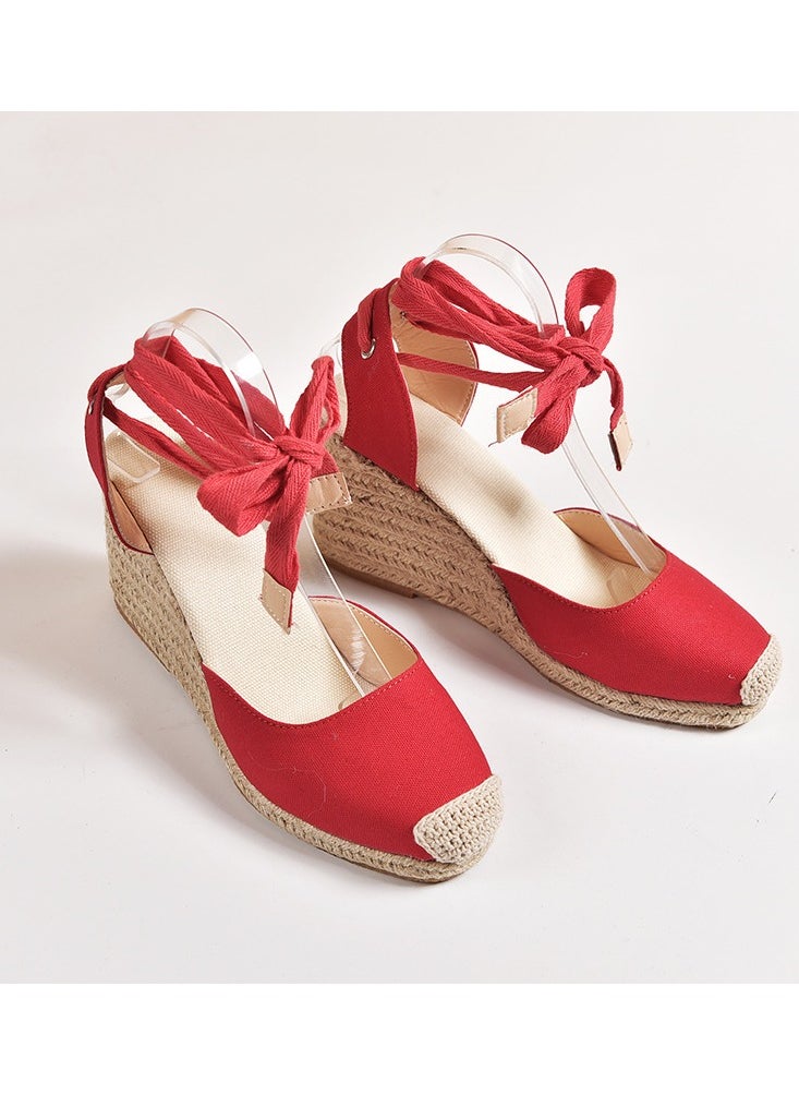 Straw Plus-size Sandals for Women Rope Closed Toe Espadrille Wedge Strap Sandals