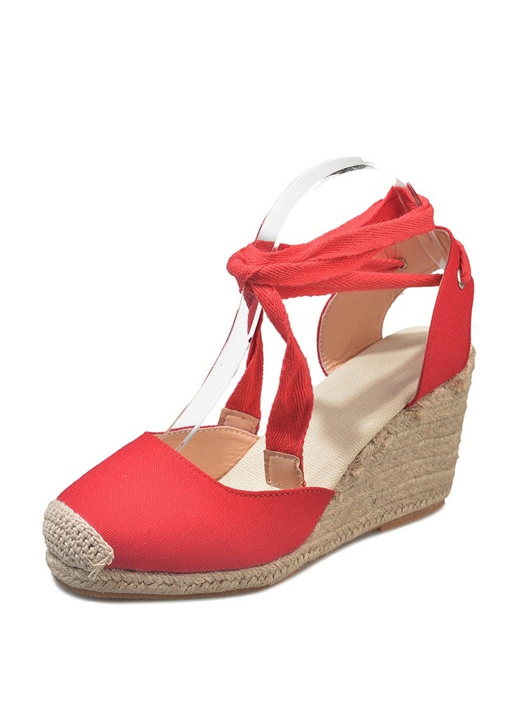 Straw Plus-size Sandals for Women Rope Closed Toe Espadrille Wedge Strap Sandals