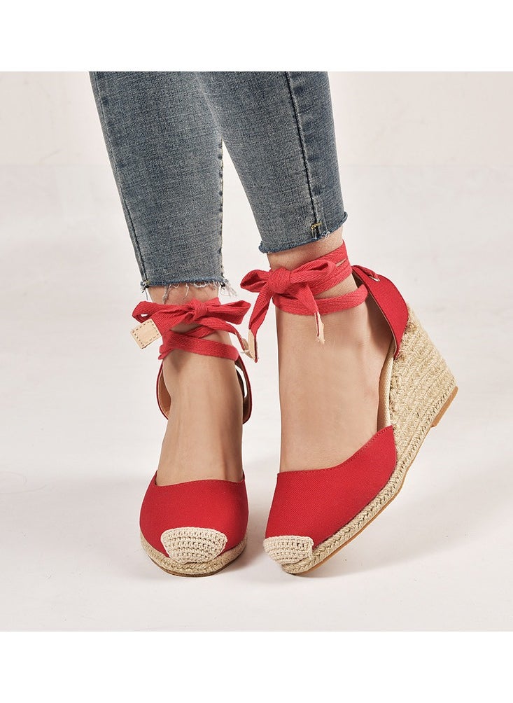 Straw Plus-size Sandals for Women Rope Closed Toe Espadrille Wedge Strap Sandals