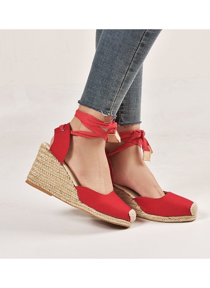 Straw Plus-size Sandals for Women Rope Closed Toe Espadrille Wedge Strap Sandals