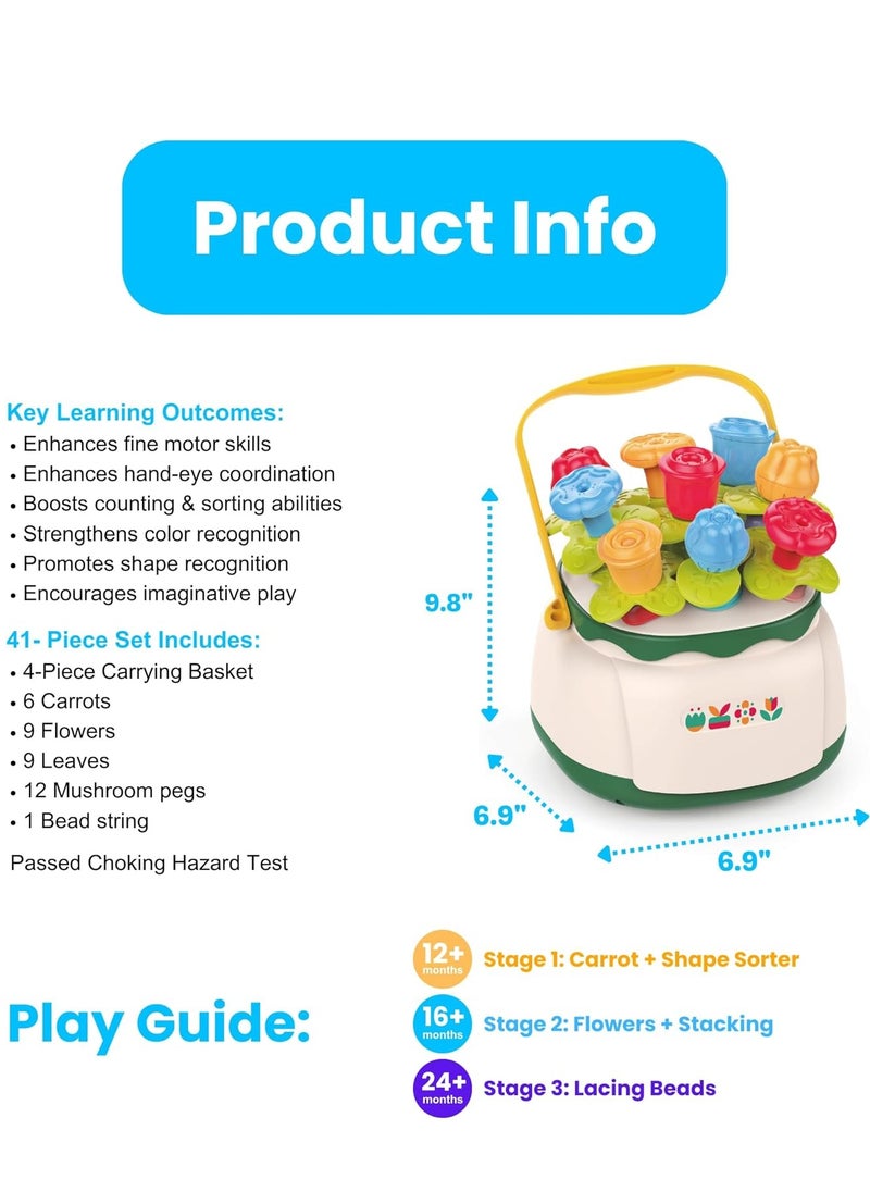 Flower Garden Building Montessori Toy Set Shape Sorting Matching Toy, STEM Toy Gardening Pretend Toys, Learning Educational Stacking Toy for Toddlers Boys Girls