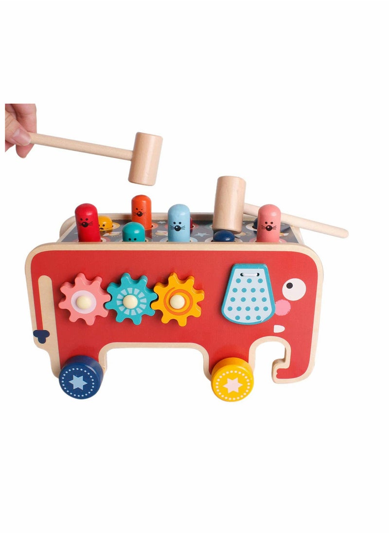 Wooden Hammering  Pounding Toys, Nail Hammer Stool, Pull Along Elephant Gopher Toy, Desktop Hitting Mouse and Hamster Game, Toddler Drag Toys 1-3 Years Old Boys and Girls Gifts