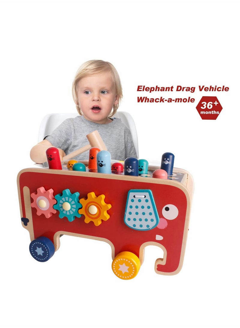 Wooden Hammering  Pounding Toys, Nail Hammer Stool, Pull Along Elephant Gopher Toy, Desktop Hitting Mouse and Hamster Game, Toddler Drag Toys 1-3 Years Old Boys and Girls Gifts