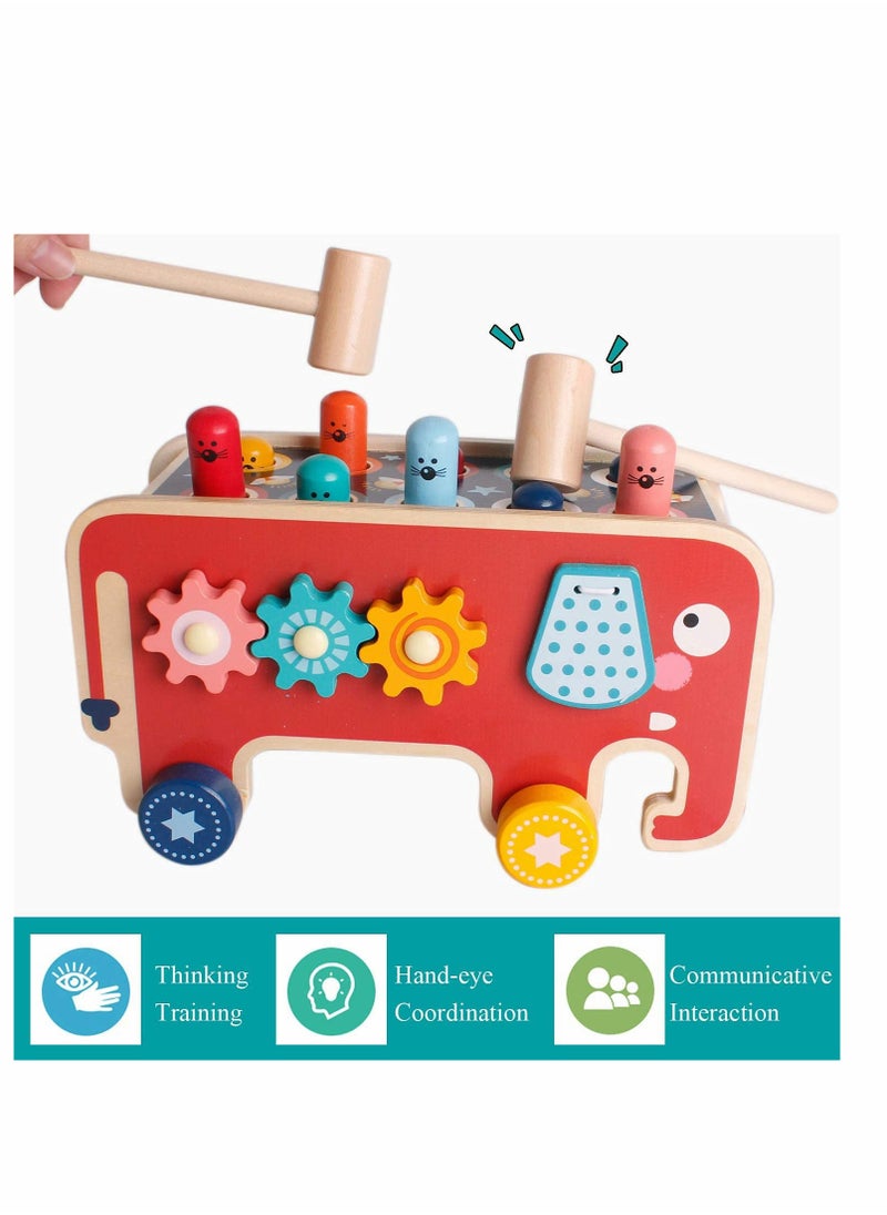 Wooden Hammering  Pounding Toys, Nail Hammer Stool, Pull Along Elephant Gopher Toy, Desktop Hitting Mouse and Hamster Game, Toddler Drag Toys 1-3 Years Old Boys and Girls Gifts