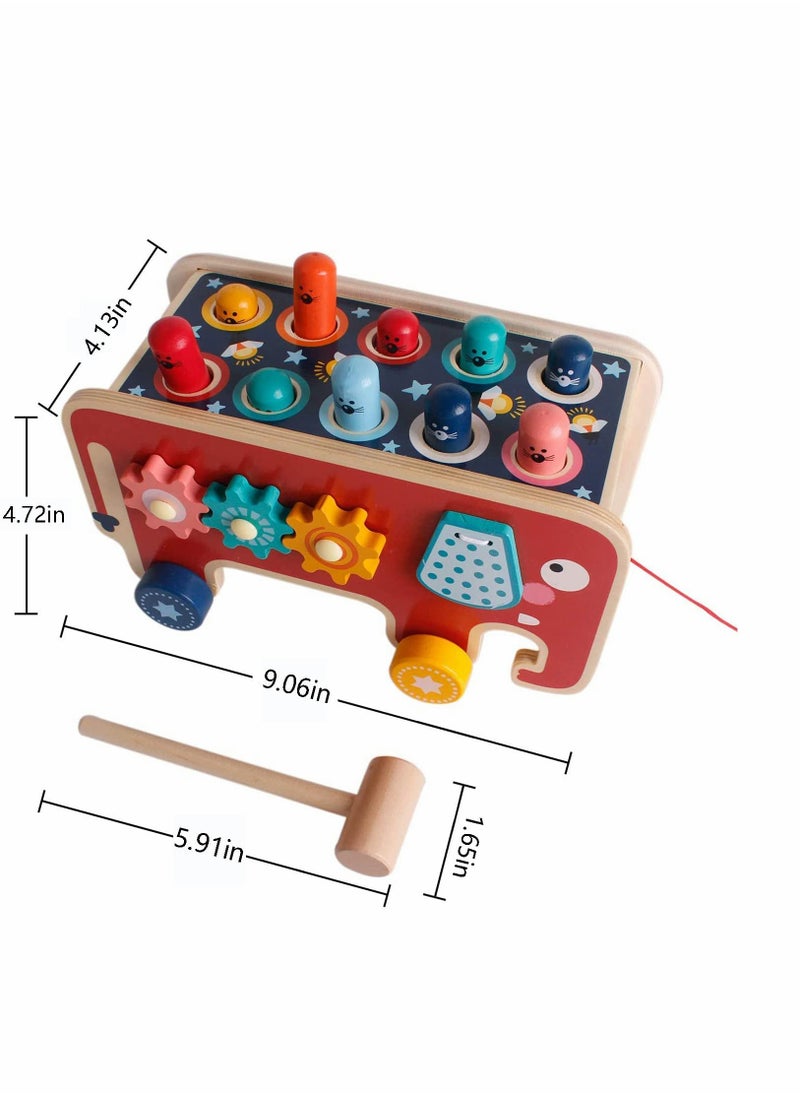 Wooden Hammering  Pounding Toys, Nail Hammer Stool, Pull Along Elephant Gopher Toy, Desktop Hitting Mouse and Hamster Game, Toddler Drag Toys 1-3 Years Old Boys and Girls Gifts