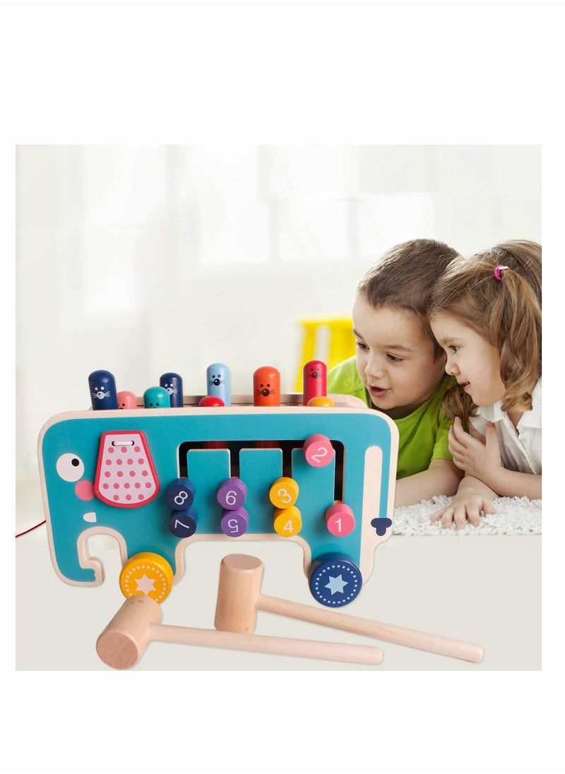 Wooden Hammering  Pounding Toys, Nail Hammer Stool, Pull Along Elephant Gopher Toy, Desktop Hitting Mouse and Hamster Game, Toddler Drag Toys 1-3 Years Old Boys and Girls Gifts