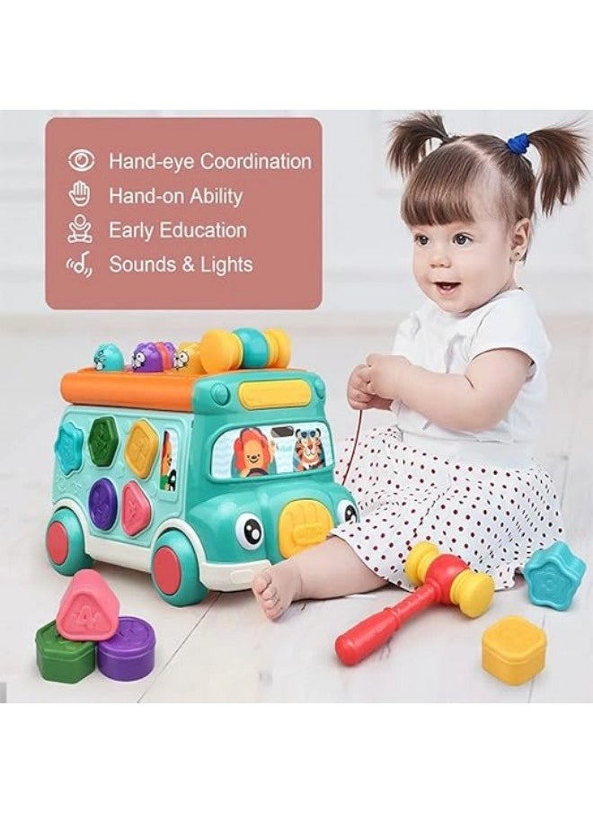 Push Pull Bus Toy, Baby Musical Learning Toys with Sound  Light, Whack-a-Mole Game, Shape Matching, Gear, Toy Clock, Activity Bus Toy Early Education Gift for Toddler Boys Girls