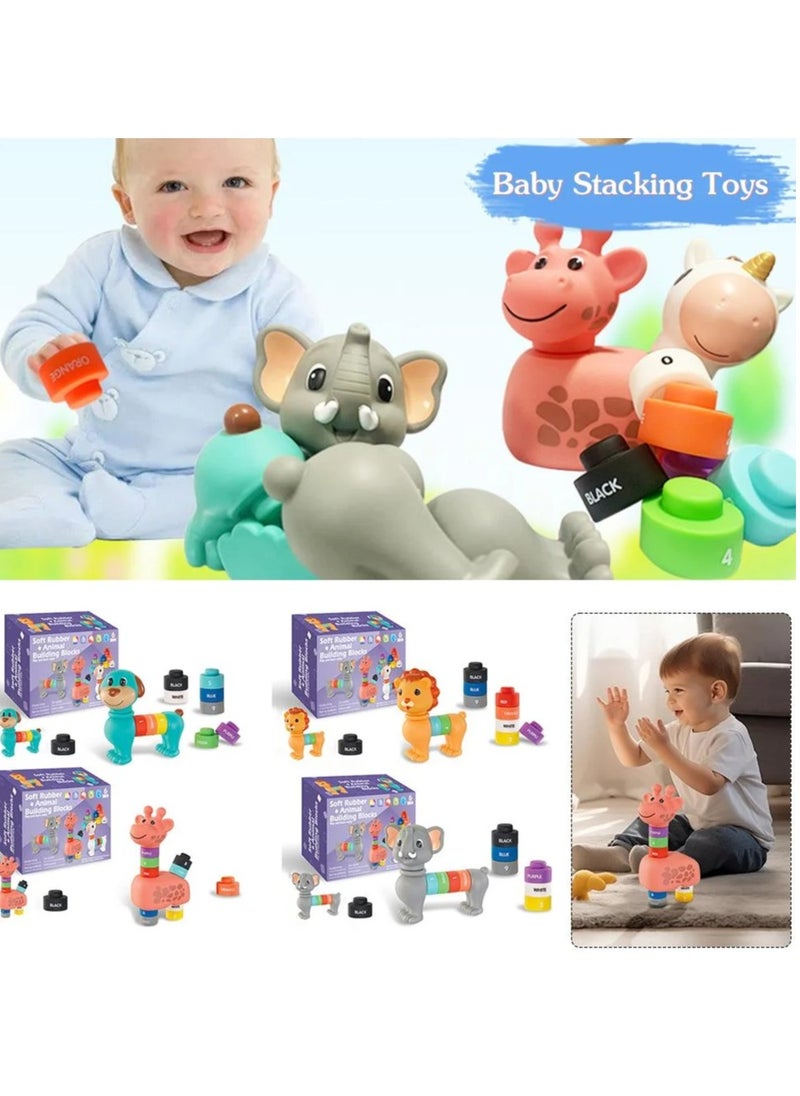 Animal Soft Rubber Baby Stacking  Building Blocks for Toddlers 1-3, Montessori Educational Toys, Sensory Rock Sorting  Bath Toy, STEM Blocks for Early Learning, Digital Color  Number Cognitive, Tumm