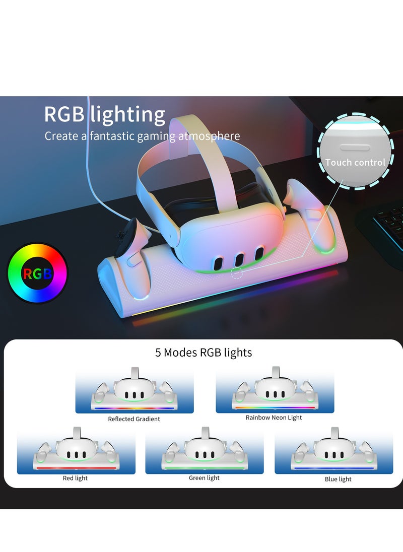 Charging Dock for Meta/Oculus Quest 3, Fast Charging Station for Meta Quest 3 Headset Controllers and Other USB Device VR Accessories, RGB Charging Stand with Rechargeable Batteries