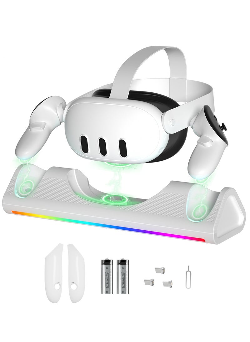 Charging Dock for Meta/Oculus Quest 3, Fast Charging Station for Meta Quest 3 Headset Controllers and Other USB Device VR Accessories, RGB Charging Stand with Rechargeable Batteries