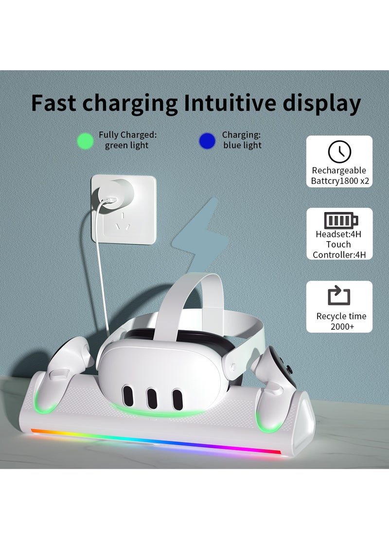 Charging Dock for Meta/Oculus Quest 3, Fast Charging Station for Meta Quest 3 Headset Controllers and Other USB Device VR Accessories, RGB Charging Stand with Rechargeable Batteries