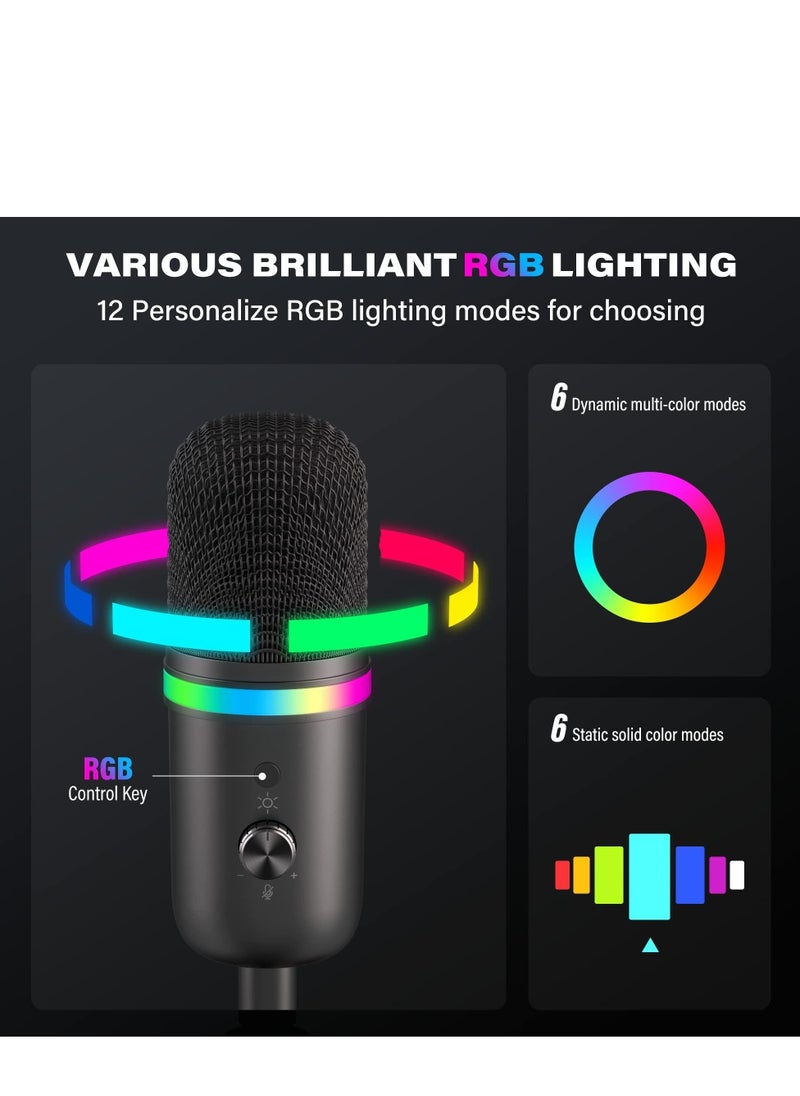 USB Microphone - Computer Condenser Gaming Mic for PC/Laptop/Phone/PS4/5, Headphone Output, Volume Control, USB Type C Plug and Play, Mute Button, for Streaming, Podcast, Studio Recording