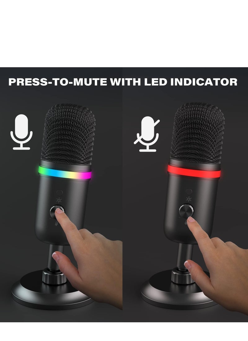 USB Microphone - Computer Condenser Gaming Mic for PC/Laptop/Phone/PS4/5, Headphone Output, Volume Control, USB Type C Plug and Play, Mute Button, for Streaming, Podcast, Studio Recording