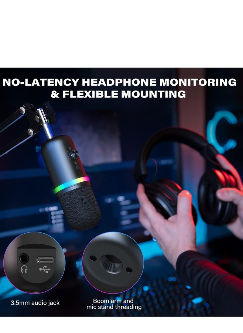 USB Microphone - Computer Condenser Gaming Mic for PC/Laptop/Phone/PS4/5, Headphone Output, Volume Control, USB Type C Plug and Play, Mute Button, for Streaming, Podcast, Studio Recording