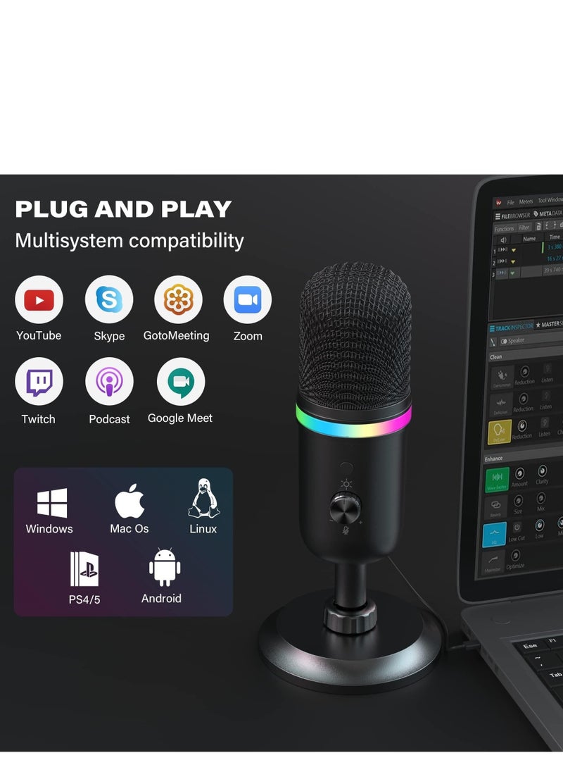 USB Microphone - Computer Condenser Gaming Mic for PC/Laptop/Phone/PS4/5, Headphone Output, Volume Control, USB Type C Plug and Play, Mute Button, for Streaming, Podcast, Studio Recording