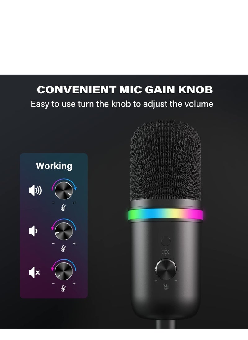 USB Microphone - Computer Condenser Gaming Mic for PC/Laptop/Phone/PS4/5, Headphone Output, Volume Control, USB Type C Plug and Play, Mute Button, for Streaming, Podcast, Studio Recording