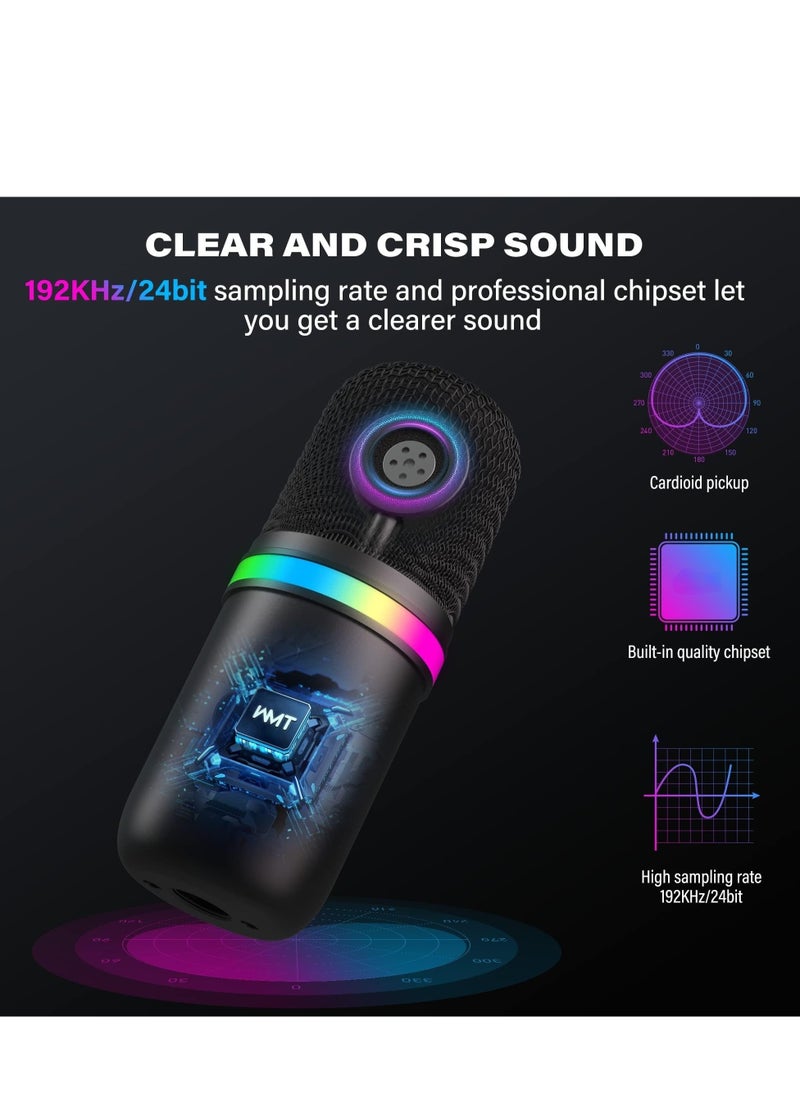 USB Microphone - Computer Condenser Gaming Mic for PC/Laptop/Phone/PS4/5, Headphone Output, Volume Control, USB Type C Plug and Play, Mute Button, for Streaming, Podcast, Studio Recording