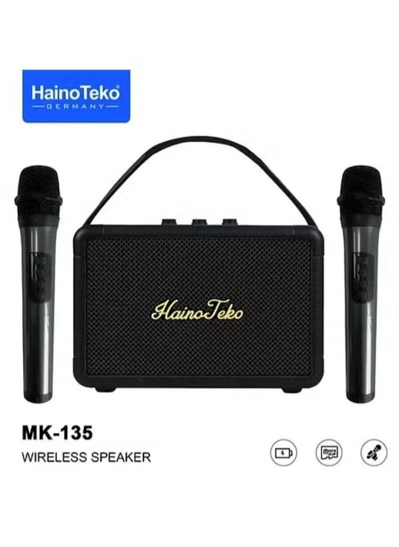 MK-135 Splash Proof Wireless Speaker with 2 Wireless Microphones – Portable Bluetooth Speaker with Waterproof Design, Powerful Bass, Hands-Free Calling, USB & AUX Support, Built-in Rechargeable Battery, Ideal for Karaoke, Parties & Outdoor Use – Black