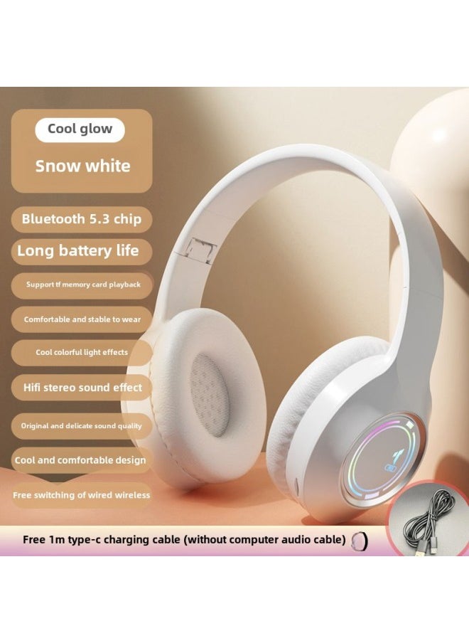 Bluetooth Headset Luminous Wireless Subwoofer Noise Reduction E-sports Game Super Long Standby Mobile Phone Computer With Mai-Color:Snow White Advanced Version★【free 1m Type-c Charging Cable】