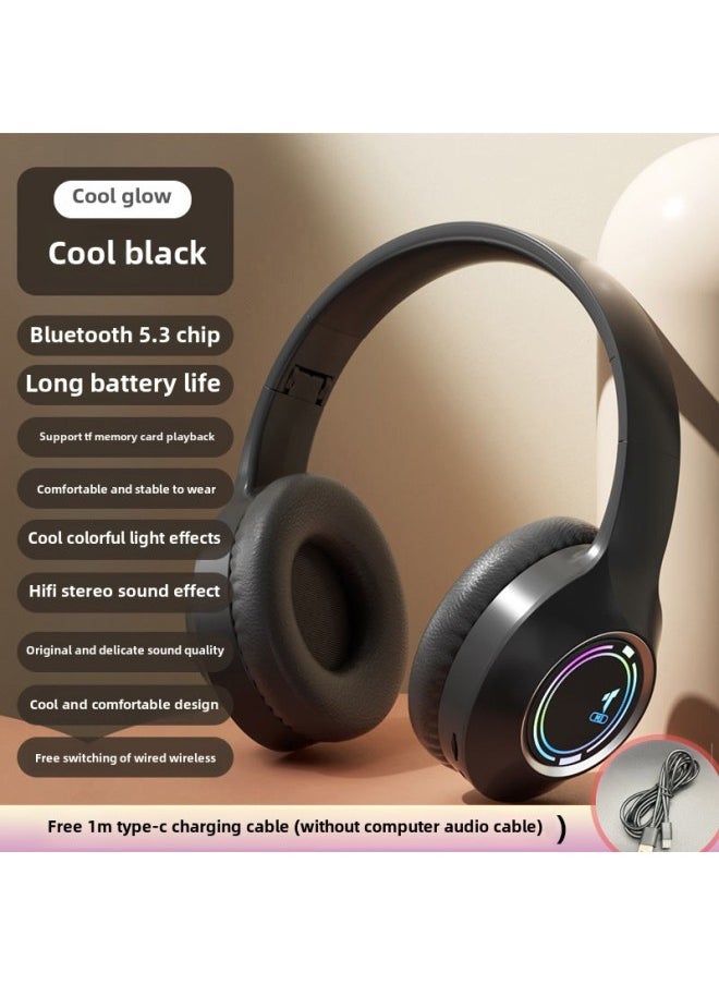 Bluetooth Headset Luminous Wireless Subwoofer Noise Reduction E-sports Game Super Long Standby Mobile Phone Computer With Mai-Color:Cool Black Advanced Edition★【free 1m Type-c Charging Cable】