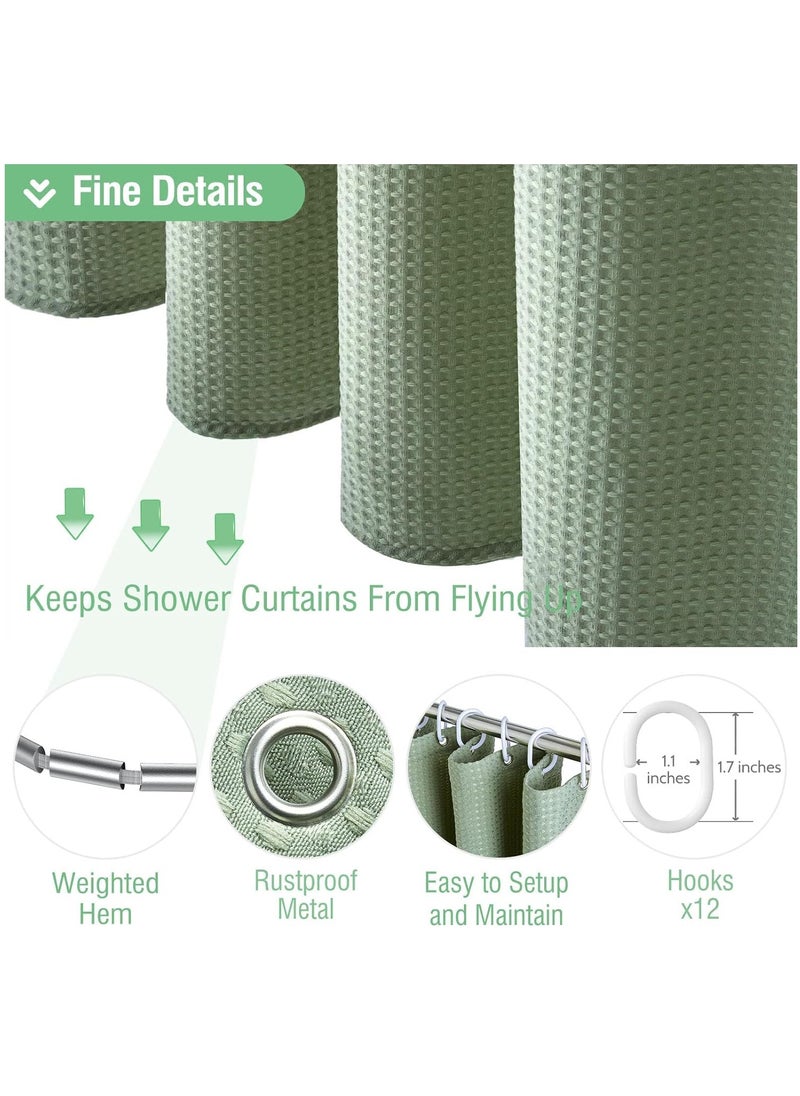 Sage Green Shower Curtain - Waffle Textured Heavy Duty Thick Fabric Shower Curtains for Bathroom, 256GSM Luxury Weighted Polyester Cloth Bath Curtain Set with 12 Plastic Hooks, 72Wx72H