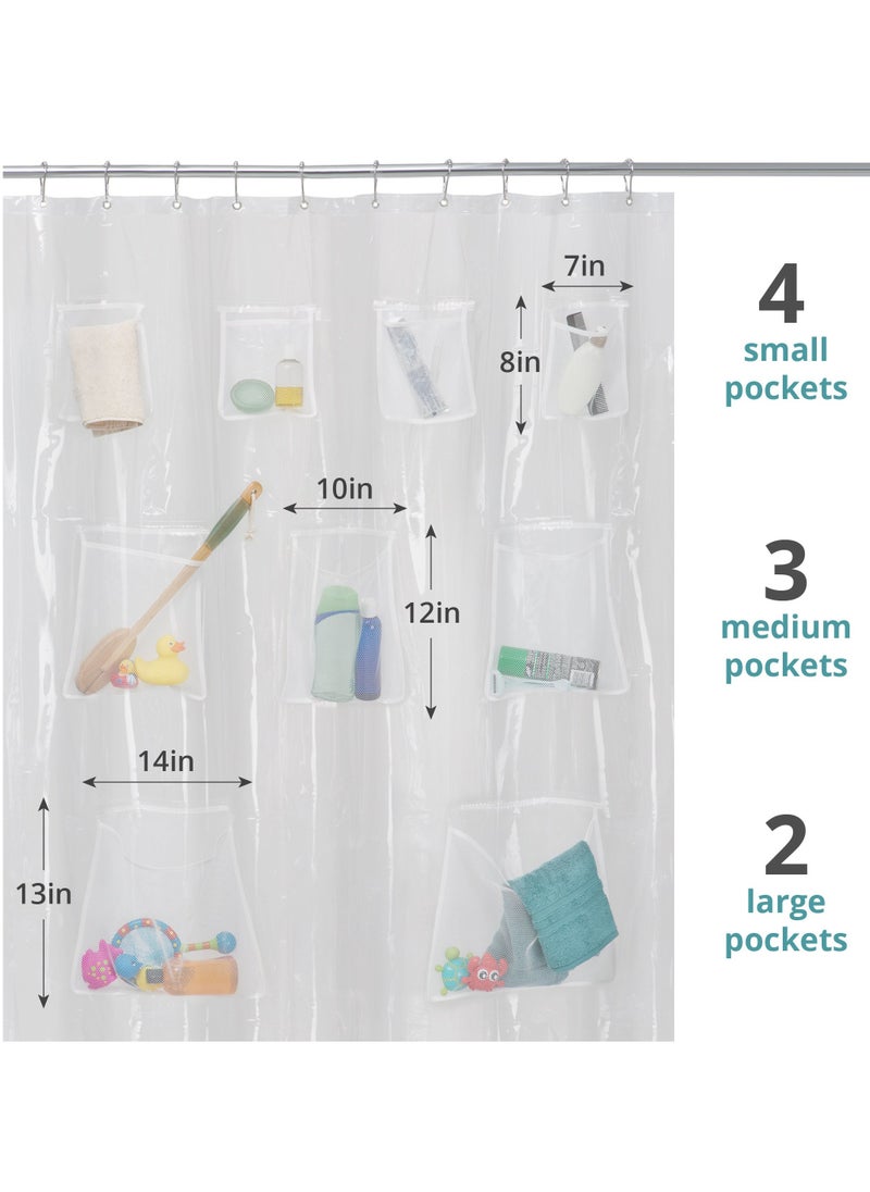 Waterproof PEVA Shower Curtain with Hooks Liner 9 Mesh Storage Pockets 70