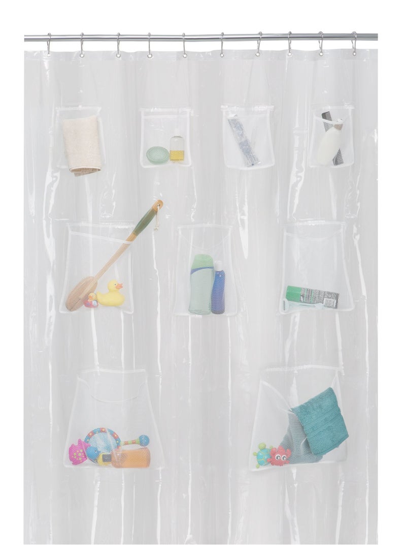 Waterproof PEVA Shower Curtain with Hooks Liner 9 Mesh Storage Pockets 70