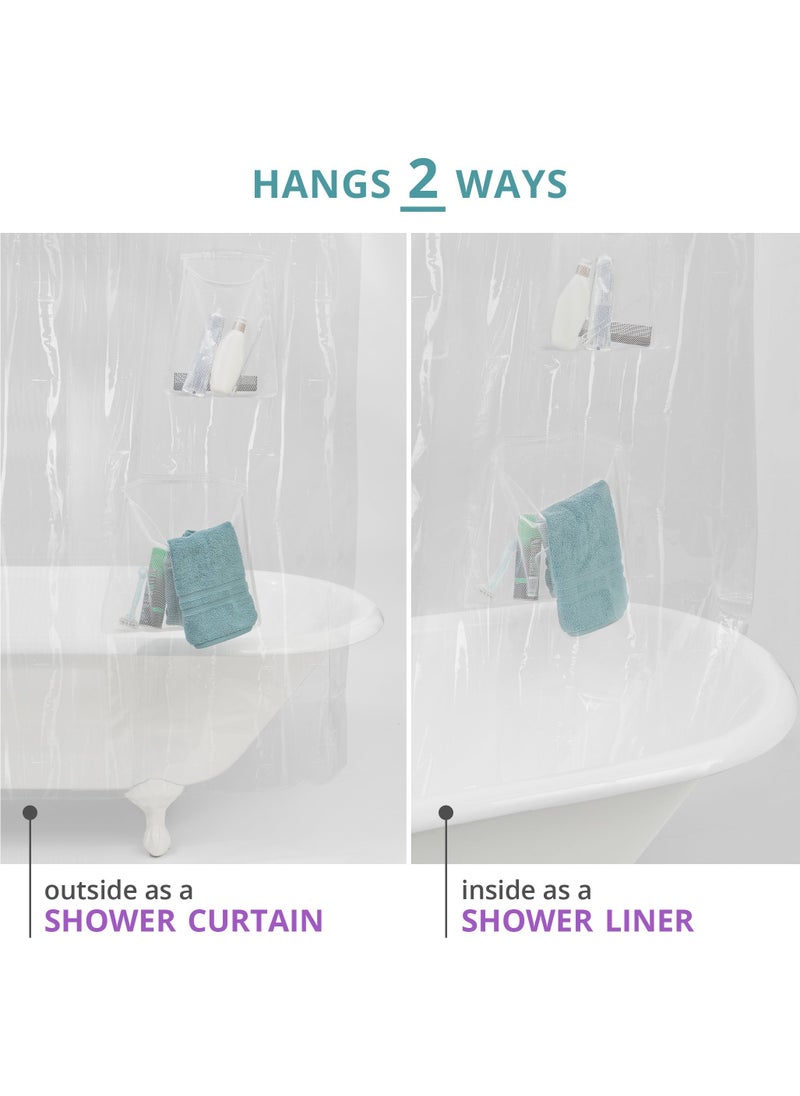 Waterproof PEVA Shower Curtain with Hooks Liner 9 Mesh Storage Pockets 70