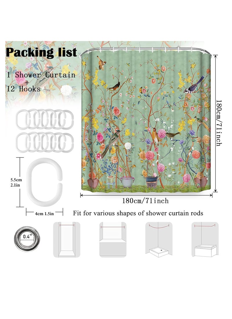 Shower Curtain Green Mould Proof Resistant Waterproof Bird Floral Bathroom Curtains with 12 hooks Quick-Drying Weighted 180x180cm (71x71Inch) Polyester Shower Curtains for Bathroom Wet Room Tub