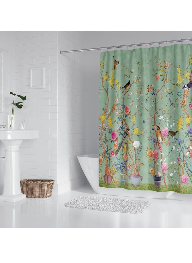 Shower Curtain Green Mould Proof Resistant Waterproof Bird Floral Bathroom Curtains with 12 hooks Quick-Drying Weighted 180x180cm (71x71Inch) Polyester Shower Curtains for Bathroom Wet Room Tub