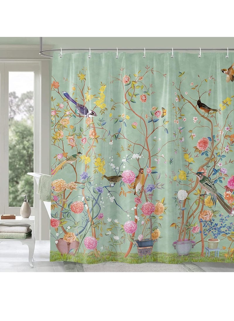 Shower Curtain Green Mould Proof Resistant Waterproof Bird Floral Bathroom Curtains with 12 hooks Quick-Drying Weighted 180x180cm (71x71Inch) Polyester Shower Curtains for Bathroom Wet Room Tub