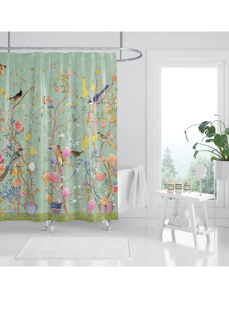 Shower Curtain Green Mould Proof Resistant Waterproof Bird Floral Bathroom Curtains with 12 hooks Quick-Drying Weighted 180x180cm (71x71Inch) Polyester Shower Curtains for Bathroom Wet Room Tub