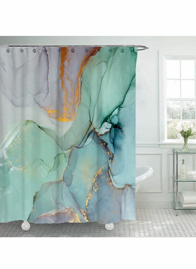 Shower Curtain, 180cm Bathroom Decor Set, Green Colourful Marble Shower Curtains with 12 Hooks Watercolor Abstract Ink Paint Jade Printing Decor