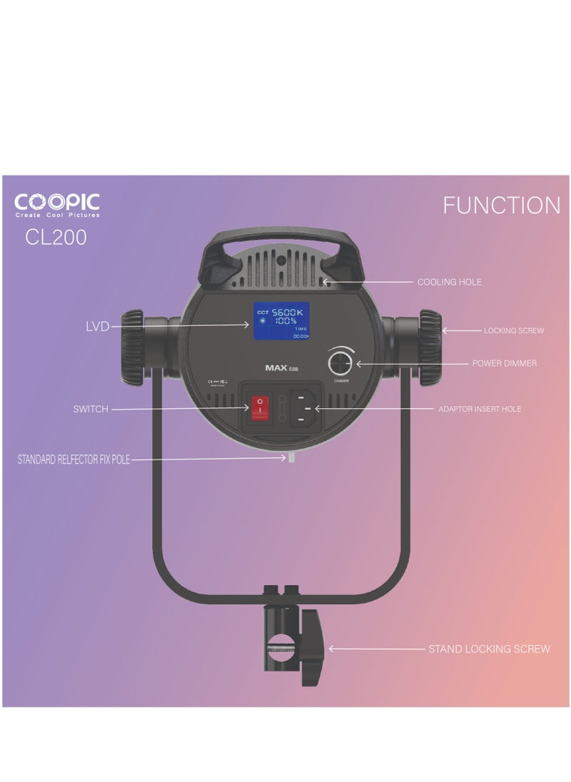 COOPIC CL-200 Adjustable LED Video light 200W, 2.4g remote control, white from 3200k or 5600k,CRI>97 TLCI>98, Daylight Balanced Video Light for Video Recording, Photography, Outdoor Shooting, etc