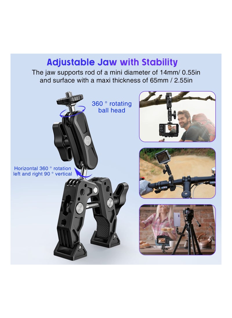 Versatile Camera Clamp Mount with 1/4''-20 and 3/8''-16 Threads, 360° Double Ball Head Adapter for DSLR Cameras, Lights, Hooks, Shelves, Rods, and Cross Bars - Compatible with Most Cameras.