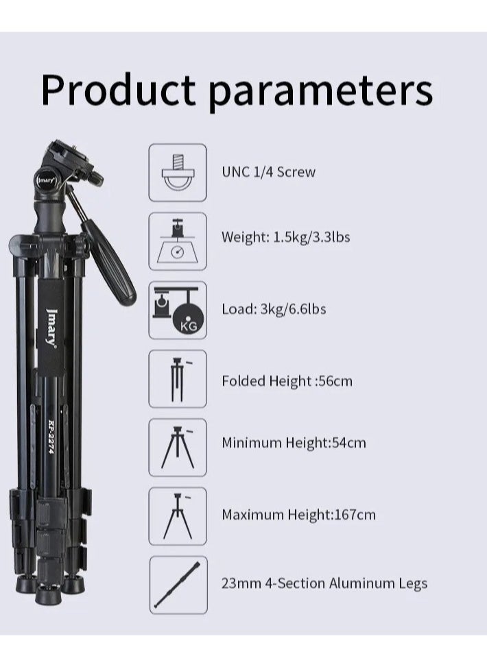 Jmary KP-2274 CameraAluminium Tripod with 4 Sections Professional Detachable Monopod Tripod with 360 Degree Head Quick Release Plate