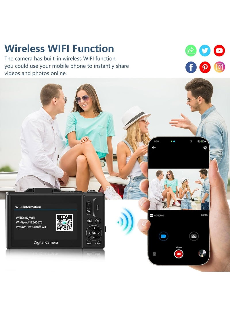 4K Digital Camera for Photography, WiFi 64MP Autofocus Vlogging Camera for YouTube with 3