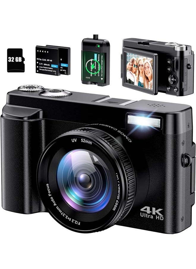 4K Digital Camera for Photography Autofocus 48MP 4K Camera with SD Card,180° 3.0 inch Flip Screen Vlogging Camera for YouTube Video Compact Cameras with 16X Digital Zoom