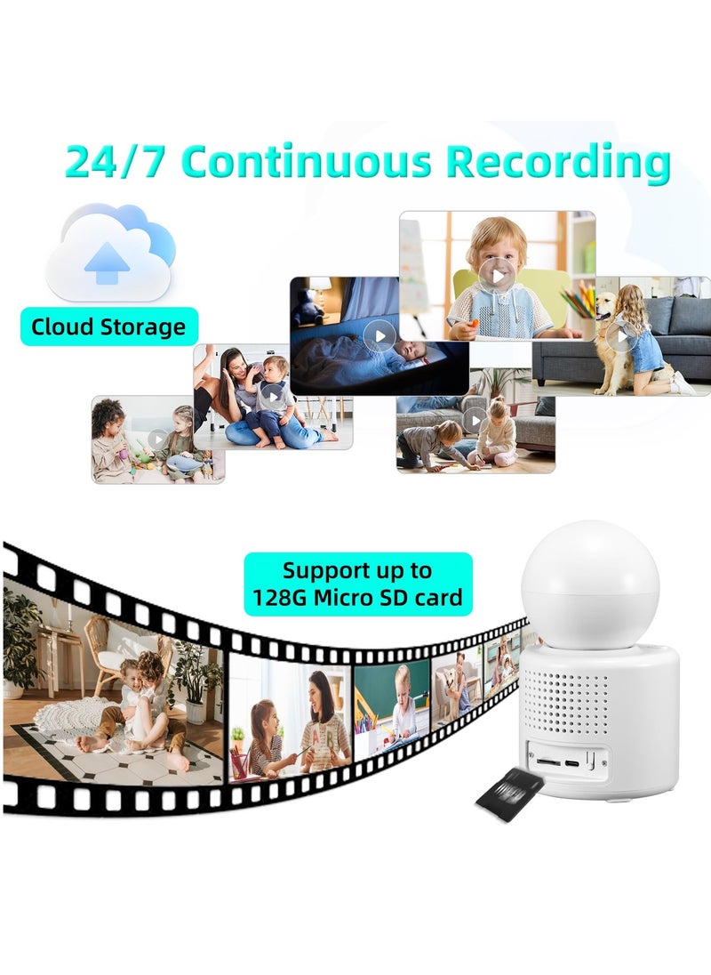 Indoor Security Camera with Video Call, Nanny & Pet Monitor, Two-Way Audio, 360-Degree View, WiFi Connectivity, Motion Tracking, and IR Night Vision for Home Safety.