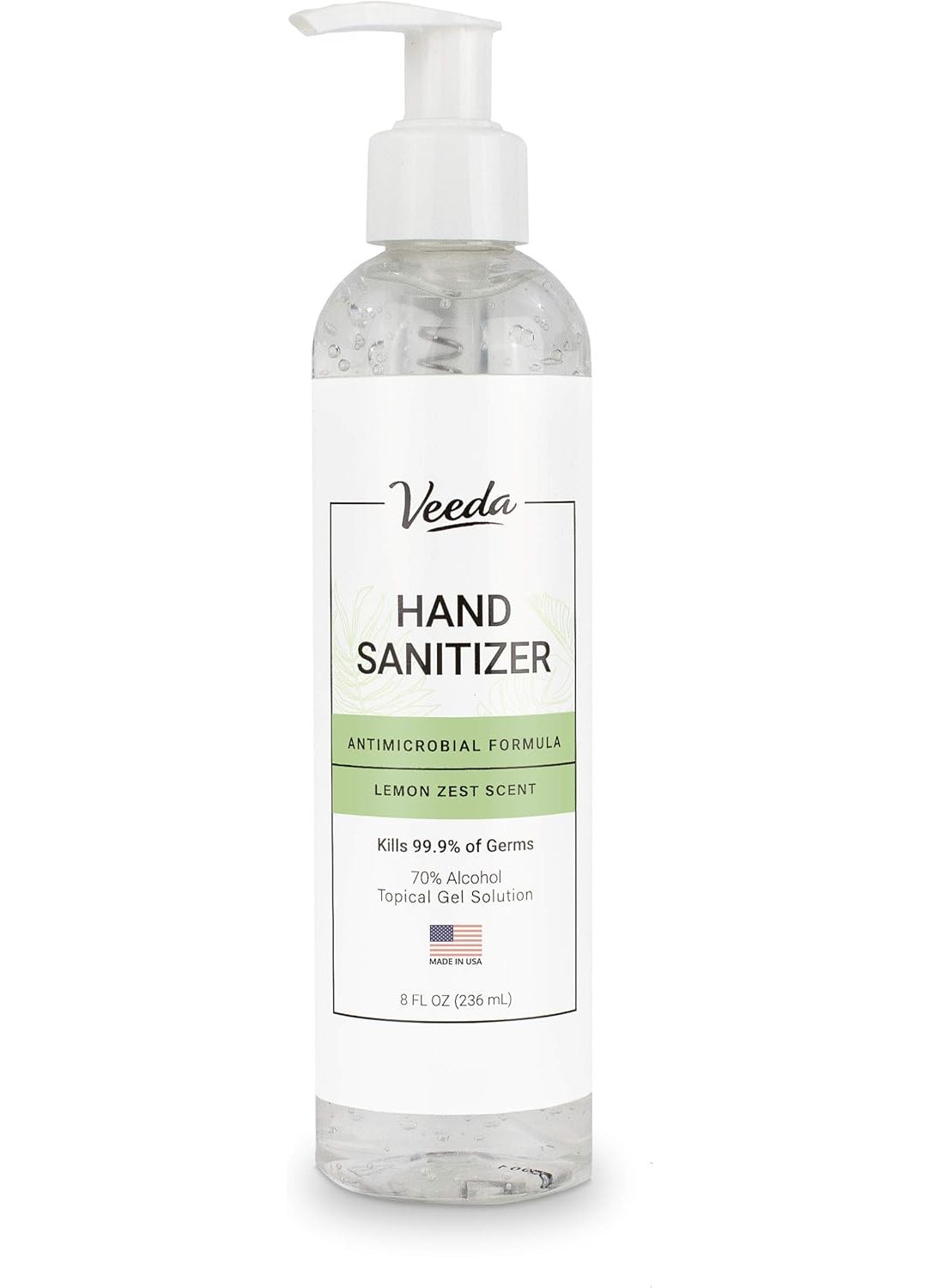 Veeda Hand Sanitizer with Lemon Zest Scent - Moisturizing Clear Gel with Vitamin E & Antimicrobial Formula- Contains 70% Ethyl Alcohol - Hand Sanitizer Travel Size, Made in USA - 8 Fl Oz, 236ml