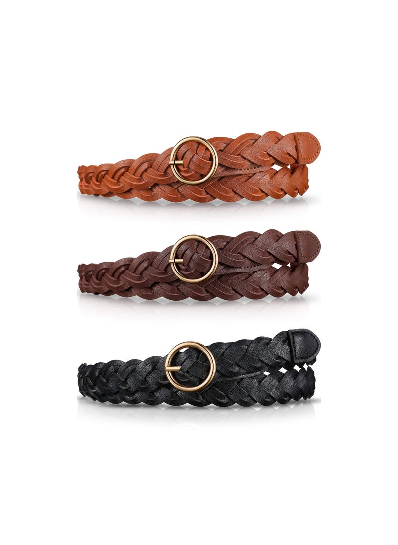 3 Pieces Women's Braided Leather Belts with O-Ring Metal Buckle, Stretch Waist Design for Dresses, Jeans, Skirts, and Pants - Versatile Formal Accessory.