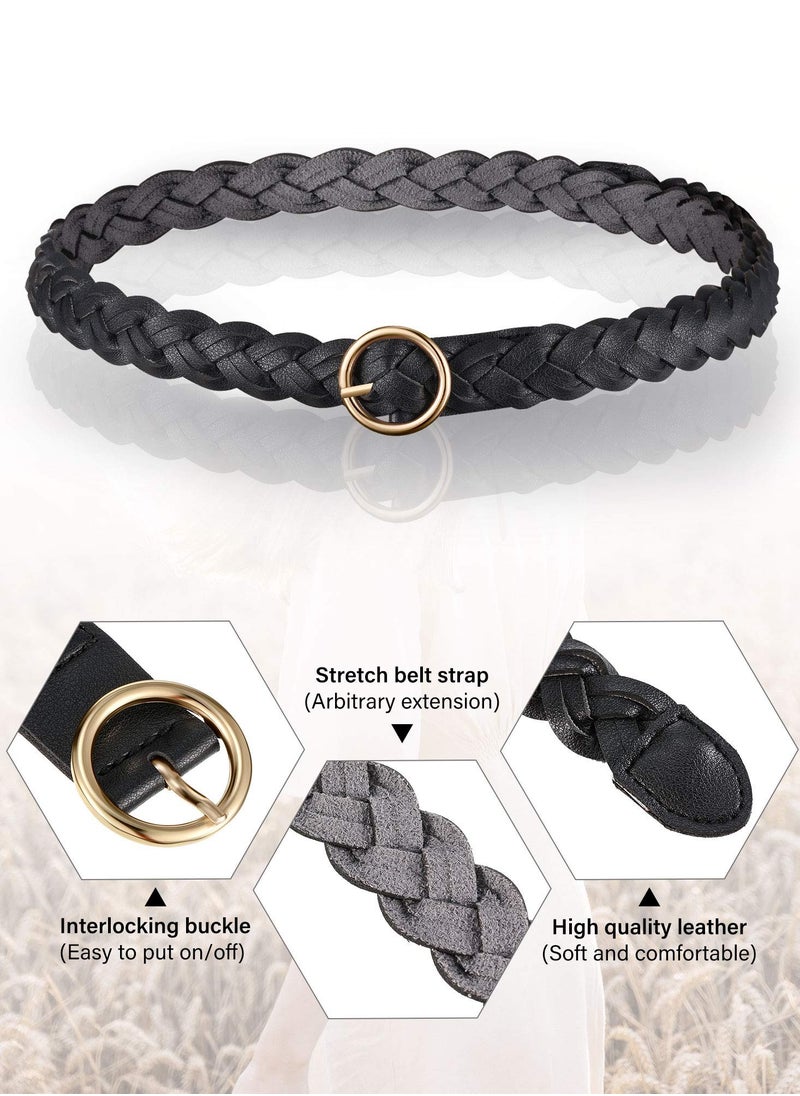 3 Pieces Women's Braided Leather Belts with O-Ring Metal Buckle, Stretch Waist Design for Dresses, Jeans, Skirts, and Pants - Versatile Formal Accessory.