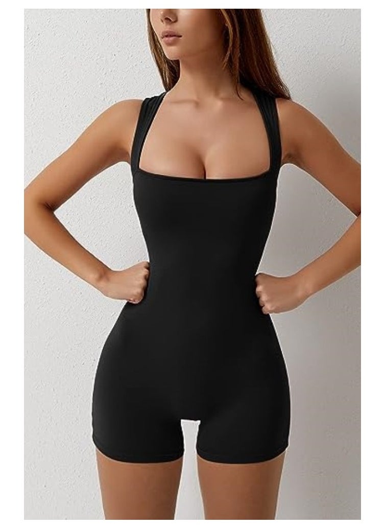 Women's One-piece Summer Clothes Lace-up Square Neck Vest Belly Controlling Stretch Shorts Jumpsuit Yoga Wear