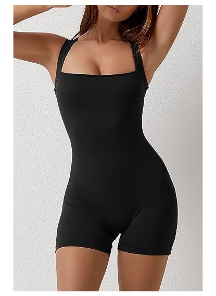 Women's One-piece Summer Clothes Lace-up Square Neck Vest Belly Controlling Stretch Shorts Jumpsuit Yoga Wear