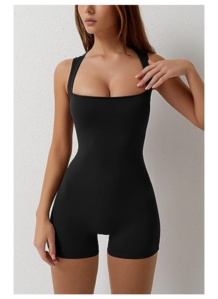 Women's One-piece Summer Clothes Lace-up Square Neck Vest Belly Controlling Stretch Shorts Jumpsuit Yoga Wear