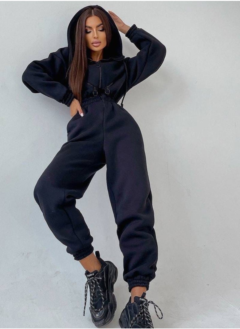 Drawstring Zip-up Hooded Jumpsuit, Long Slipper Zippered Pocket Casual One-piece Sports Catsuit, Women's Clothing