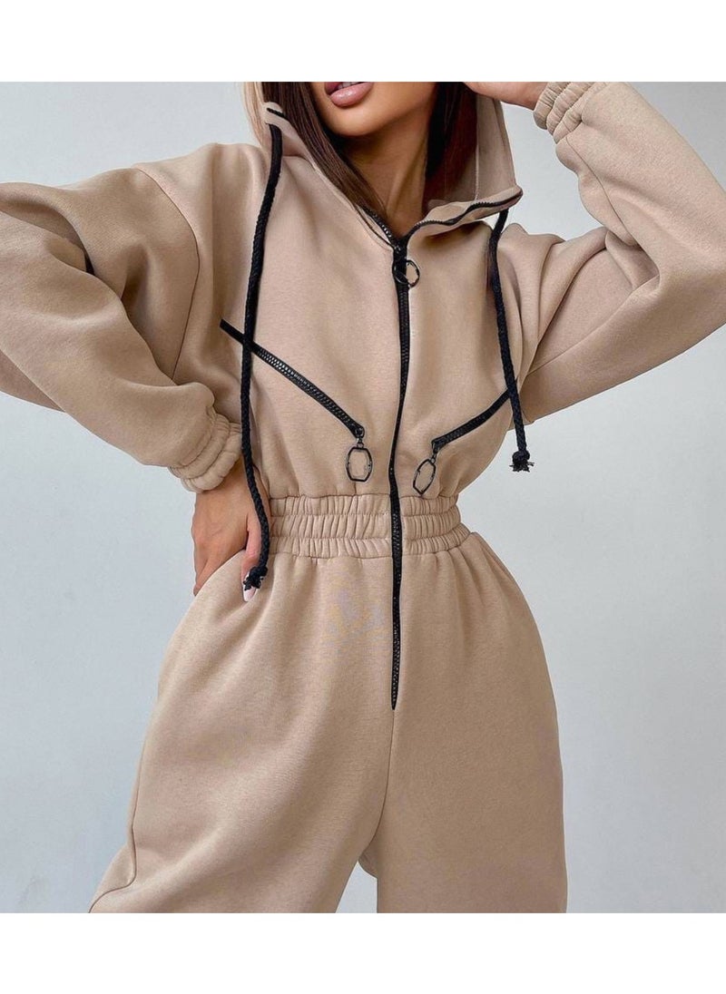 Drawstring Zip-up Hooded Jumpsuit, Long Slipper Zippered Pocket Casual One-piece Sports Catsuit, Women's Clothing